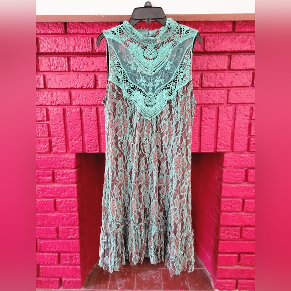 Altar'd State Teal and Brown Lace Boho/Victorian Midi Dress, Size Small - Picture 2 of 9